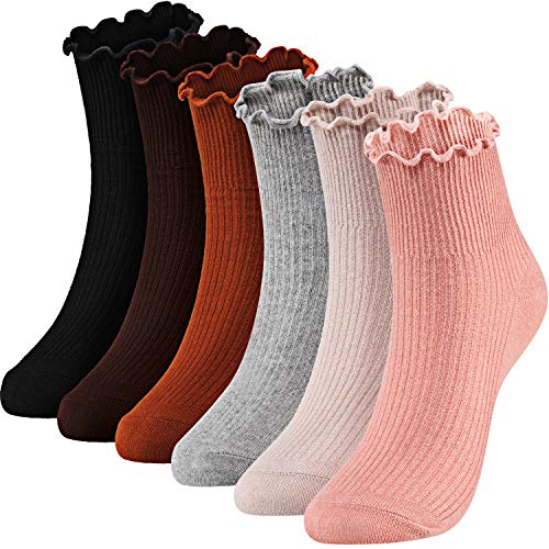 Women Ankle Socks Lace Ruffle Socks Solid Lettuce Edge Knit Socks, 6 Pair - One Size - Multicoloured