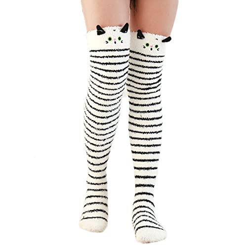 Berun 2 Pairs Fluffy Thigh High Socks, Women Girls Knee High Socks Coral Fleece Warm Soft Over Knee Socks Cute Animal Long Socks for Winter - One Size - Style 02