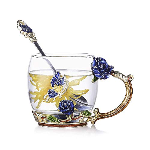 evecase Enamels Butterfly Flower Tea Cup/Coffee Mug with Spoon Set, Gifts for Women Wife Mum Teacher Friends Valentines Christmas Birthday Mothers Day Gifts - Blue