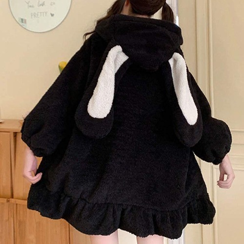 Oversized Fluffy Bunny Jacket - Black / XXL