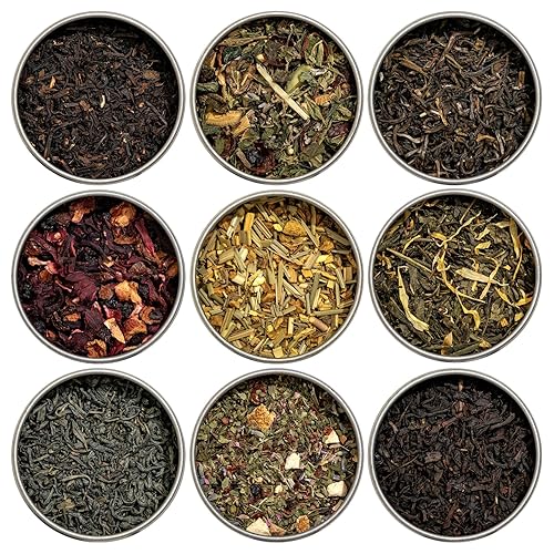 Heavenly Tea Leaves Organic Loose Leaf Tea Sampler Set (Approx. 90 Cups of Tea) - 9 Assorted Black Tea, Green Tea, & Herbal Tea - High to No Caffeine, Great Hot or Iced, Gifts Ideas for Her - Organic 9