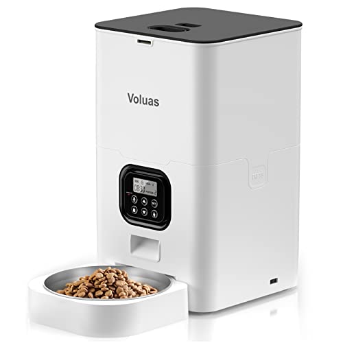 VOLUAS Automatic Cat Feeders - Pet Food Dispenser for Dry Food, Timed Cat Feeder with Desiccant Bag, Programmable Portion Size Control 4 Meals Per Day, 10s Voice Recorder - 6L - White Opaque