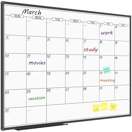 JILoffice Dry Erase Calendar Whiteboard - Magnetic White Board Calendar Monthly 48 X 36 Inch, Black Aluminum Frame Wall Mounted Board for Office Home and School - Calendar 48 x 36 Inch - Black