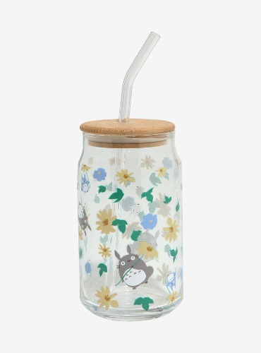 Studio Ghibli My Neighbor Totoro Floral Tototro Allover Print Glass Cup with Straw - BoxLunch Exclusive