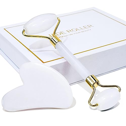 BAIMEI Jade Roller & Gua Sha, Face Roller, Facial Beauty Roller Skin Care Tools, Massager for Face, Eyes, Neck, Body Muscle Relaxing and Relieve Fine Lines and Wrinkles - White - White