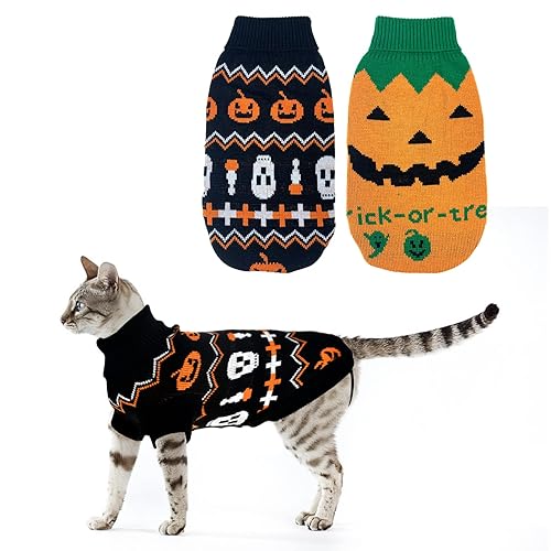 Vehomy 2Pcs Pet Halloween Sweaters Dog Halloween Pumpkin Sweater Kitten Cat Holiday Theme Turtleneck Knitwear Shirt with Pumpkin Skull Patterns Dog Puppy Halloween Costume Clothes for Small Dogs M - Medium