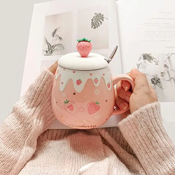 High beauty Cup With Cover Spoon Mug Female Student Korean Version Lovely ins Coffee Cup Household Ceramic Breakfast Cup (Pink 2)