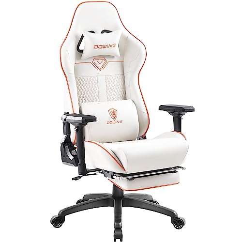 Dowinx Gaming Stuhl - Bürostuhl l mit 4D Armlehnen und Fußstütze- PU Leder Gamer Stuh mit Hoher Belastbarkeit- Ergonomischer Gaming Chair- als Gaming-Sessel Geeignet - 150 kg (Weiß) - Weiß