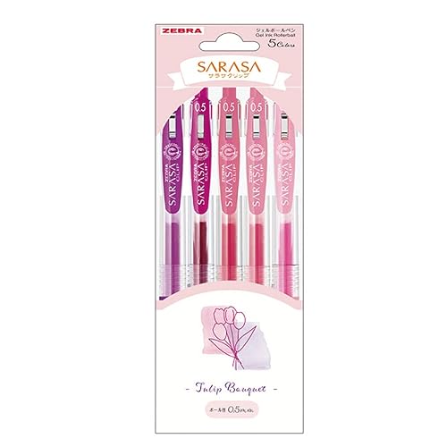 Zebra JJ15-TU-5C Gel Ballpoint Pen, Sarasa Clip, 0.02 inches (0.5 mm), Flower Bouquet, Tulip, Set of 5 Colors - tulip - 1 Count (Pack of 1)