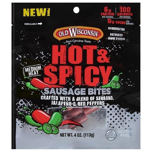 Old Wisconsin Hot & Spicy Sausage Snack Bites, 4oz Resealable Package, Naturally Smoked, Ready to Eat, High Protein, Low Carb, Keto, Gluten Free - Hot & Spicy - 4oz Bites