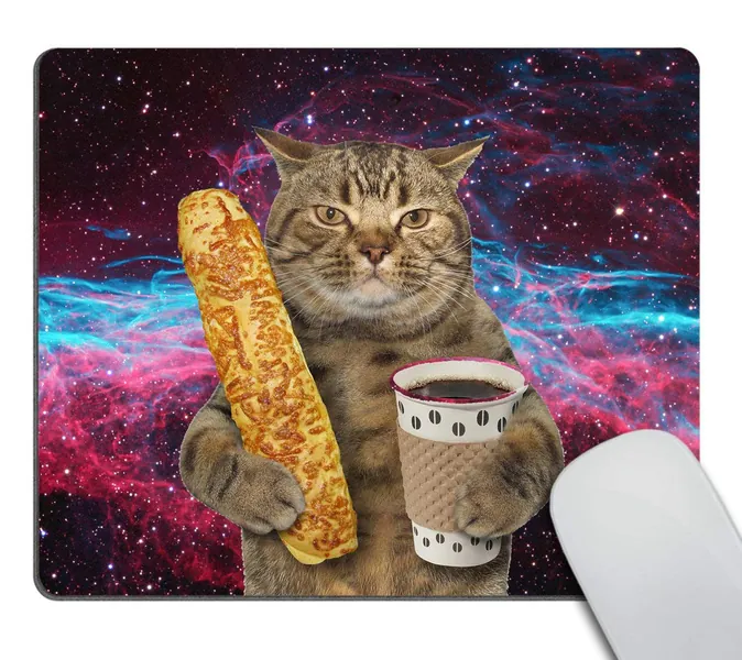Smooffly Funny cat Mousepad,The Cat is Holding a Cup of Black Coffee and a Baguette with Galaxy Design Customized Rectangle Non-Slip Rubber Mousepad Gaming Mouse Pad