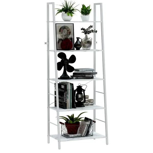 Yusong Ladder Shelf,Industrial 5-Tier Bookshelf,Free Standing Bookcase,Utility Organizer Shelves for Plant Flower ,Wood Look Accent Furniture with Metal Frame for Home Office, White - White