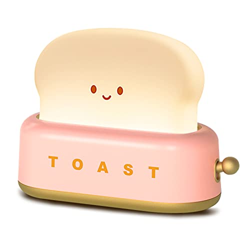 QANYI Cute Desk Decor Toaster Lamp, Kawaii LED Toast Bread Night Light Rechargeable and Portable Light with Timer, Christmas Gifts Ideas for Baby Kids Girls Teens Teenages - Pink