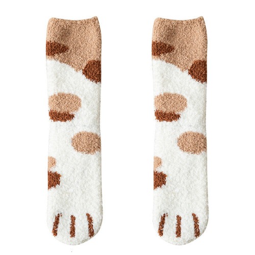 Kawaii Warm Cat Paw Fuzzy Socks - 1 x Brown Calico