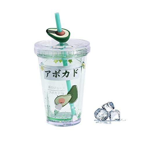 15oz Cute Water Bottle With Straw, Glitter Double Wall Water Bottle With Straw Kawaii Cup Strawberry Water Bottle Kawaii Cups Kawaii Stuff Avocado for Gifts (Green) - Green