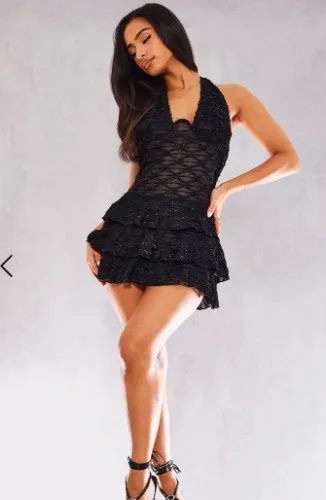 Black Glitter Detail Ruffle Mini Dress