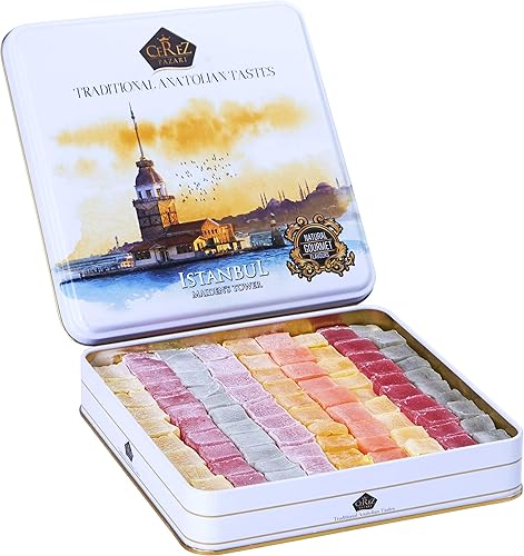 Cerez Pazari Turkish Delight Candy Gift Basket, Lokum Dessert Gourmet, Christmas Holiday Corporate Food Gifts In Elegant Tin Box, With 6 Unique Flavors, 1.6 lbs