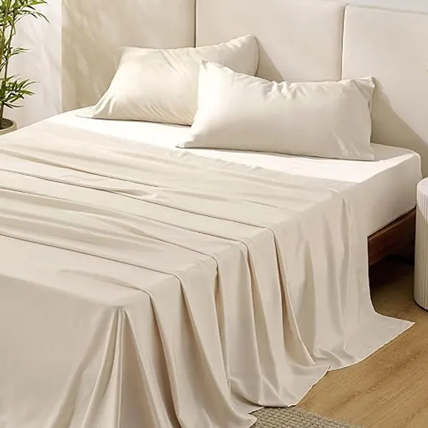 Bedsure Queen Sheet Set, Cooling Sheets for Queen Size Bed Set, Rayon Derived from Bamboo, Breathable & Soft Deep Pocket, Hotel Luxury Silky Bedding, Bedsheet & Pillowcases, Light Beige - 13 - Light Beige - Queen