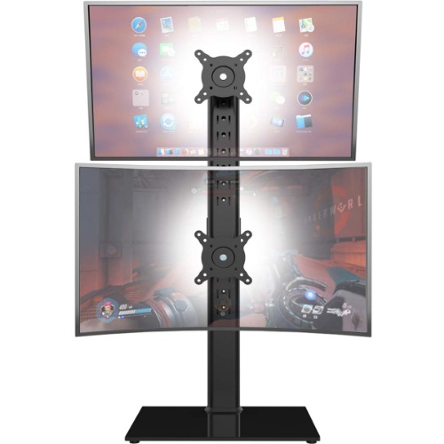 Dual Monitor Stand - Vertical Stack Screen Free-Standing Monitor Riser Fits Two 13 to 34 Inch Screen with Swivel, Tilt, Height Adjustable, Holds One (1) Screen up to 44Lbs HT05B-002 - 13"-34" MONITOR STAND WITH TEMPERED GLASS