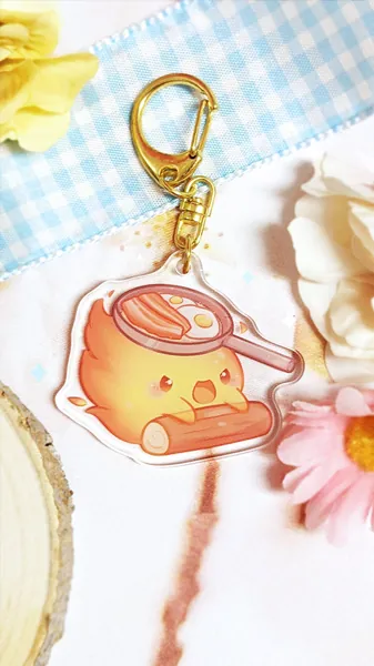 Anime Angy Fire Cooking Bacon 2 inch Double-Sided Clear Acrylic Keychain Charm Accessory