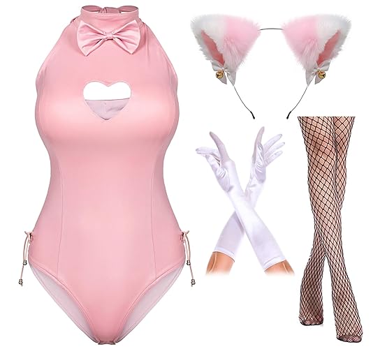 Yuriko Womens Bunny Costume Girl Suit Button Crotch Romper Onesie Bodysuit Cosplay Costume Furry Cat Ear Gloves Socks set(Pink M) - Medium - Pink