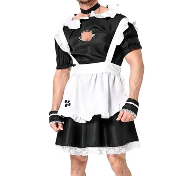 Wviskal Male Maid Uniforms,Anime French Cat Maid Apron Fancy Dress Cosplay Costume Headwear Collar Cuffs Set - Medium