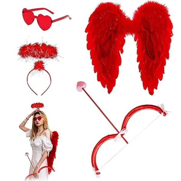 TRURENDI 4 Pcs Cupid Costume Accessory Set Feather Wing Bow and Arrow Sunglasses for Valentines Cosplay Party Props - Adult - Red 4 Pcs