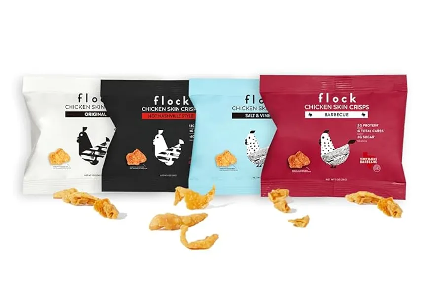 Flock Keto Chicken Skin Chips | 4 Flavors Variety Pack | Low Carb, High Protein, Sugar Free, Gluten Free Fried Chicken Skins | Chicken Chips for People | (1oz) 8-Pack Crispy Chicken Flock Chips - Variety Pack - 1 Ounce (Pack of 8)