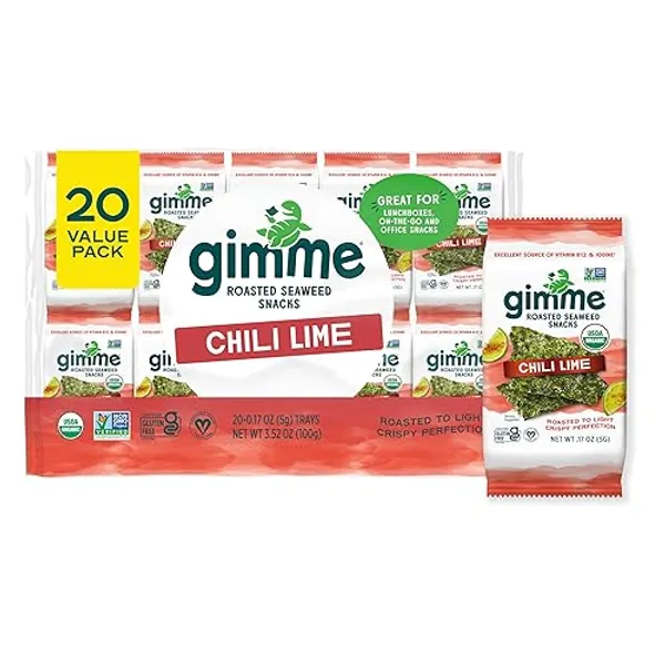 Gimme Seaweed - Chili Lime - 20 Count - Organic Roasted Seaweed Sheets - Keto, Vegan, Gluten Free - Great Source of Iodine & Omega 3’s - Healthy On-The-Go Snack for Kids & Adults - #3 Chili Lime