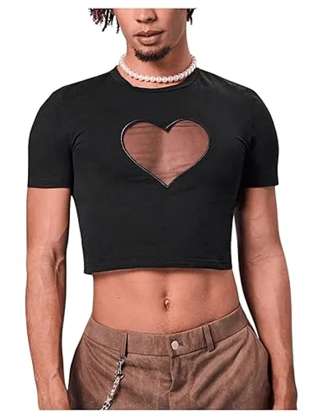 OYOANGLE Men's Mesh Sheer Heart Print Short Sleeve Fitted Crop Top Party Tee Shirts Clubwear - Medium - Black