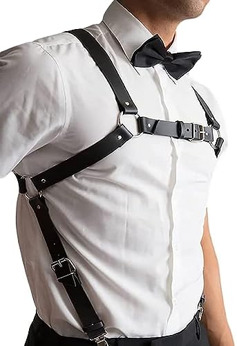 Mens Black Leather Armors Suspenders Shoulder Strap Body Chest Harness Chain Belt Adjustable Gay Punk Clubwear Costume - Black1