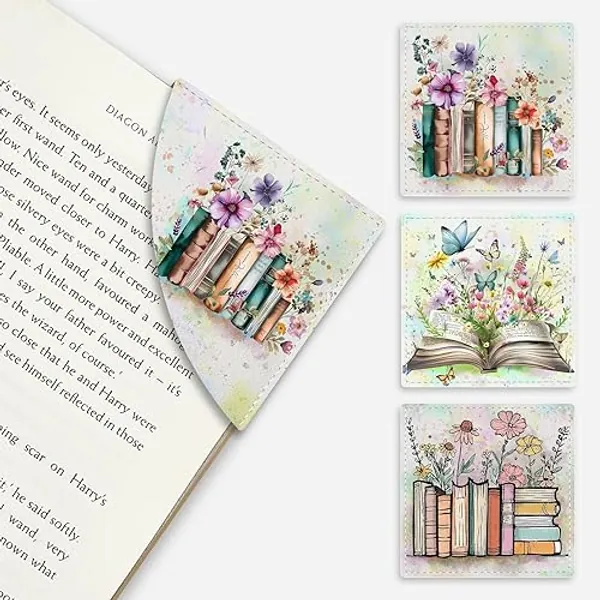 Icycay Floral Book Corner Bookmarks, Cute Leather Book Accessories for Book Lovers, 3 Pcs Reading Book Page Markers for Women Men Student Teacher Retirement Birthday Gifts