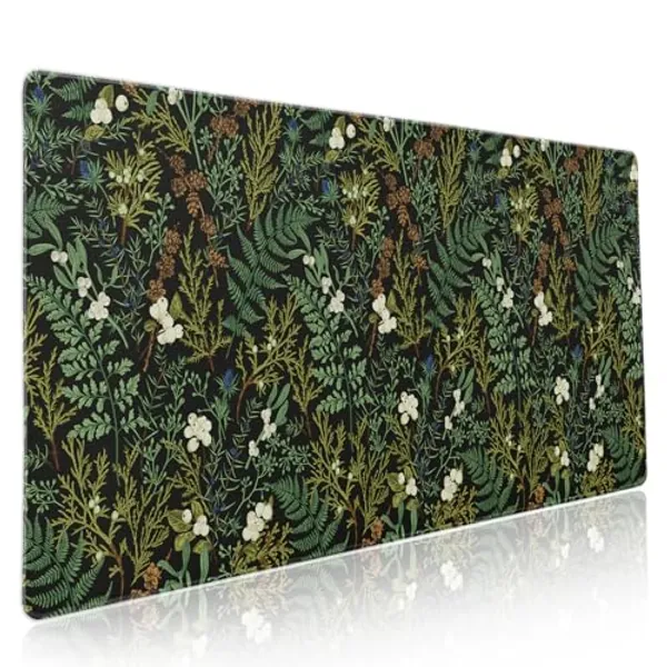 Black Aesthetic Vintage Botanical Gaming Mouse Pad XXL Cute Forest Green Plant Nature Floral Extended Large Mouse Pad Big Mousepad Non-Slip Stitched Edge Long Mat for Desk Office Computer,35.4x15.7 in