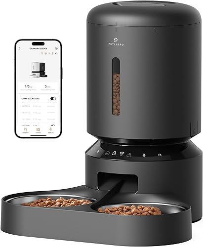 PETLIBRO Automatic Cat Feeder, WiFi Connected, Adjustable Meal Splitter, Fresh Food Storage, Multiple Pet Use, Stainless Steel - Black