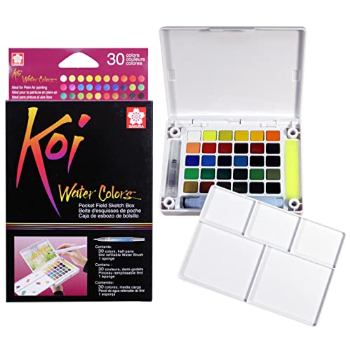 SAKURA Koi Pocket Field Sketch Kit - Watercolor Sets for Painting On the Go - 30 Colors - 1 Water Brush - 1 Sponge - 1 Mixing Palette - 30 Colors - Watercolors - 30 Colors