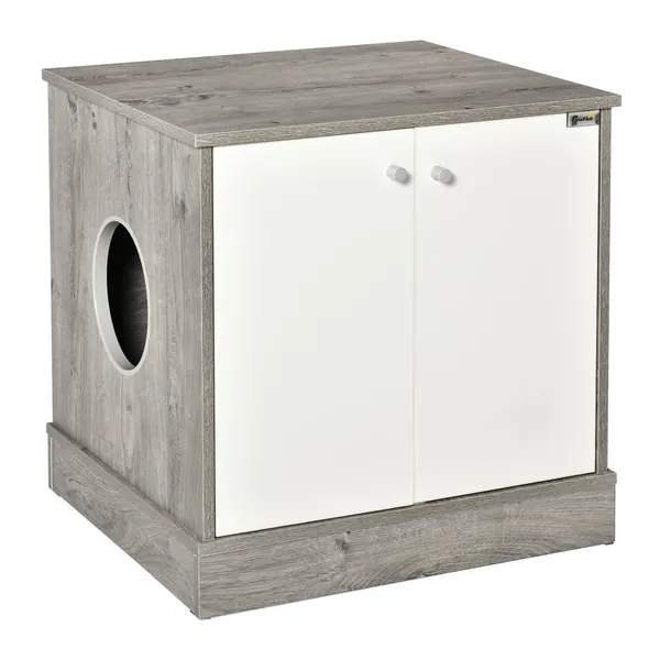 Pawhut Katzenschrank für katzentoilette Katzenklo Katzenhaus mit Türöffnung PB-Platte Graue Eiche+Weiß 60 x 55 x 62,5 cm