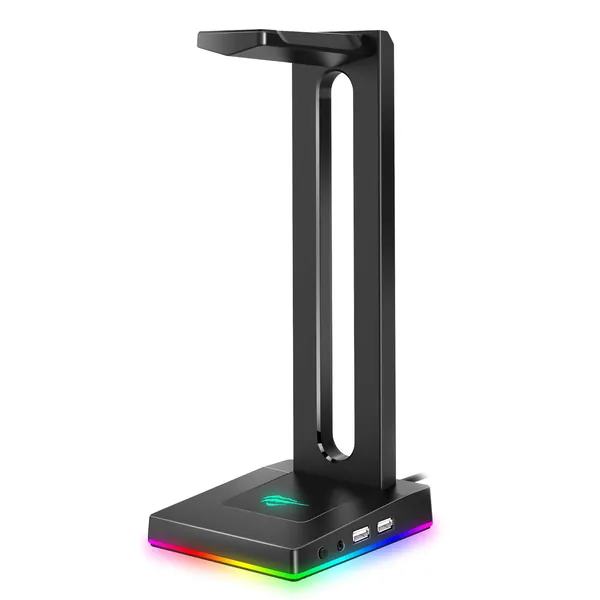 Havit Headset Ständer mit 2 USB Anschlüssen, RGB Kopfhörer Ständer mit 7.1 Surround Audio Ausgang und rutschfeste Unterlage, Schwarz (TH630)