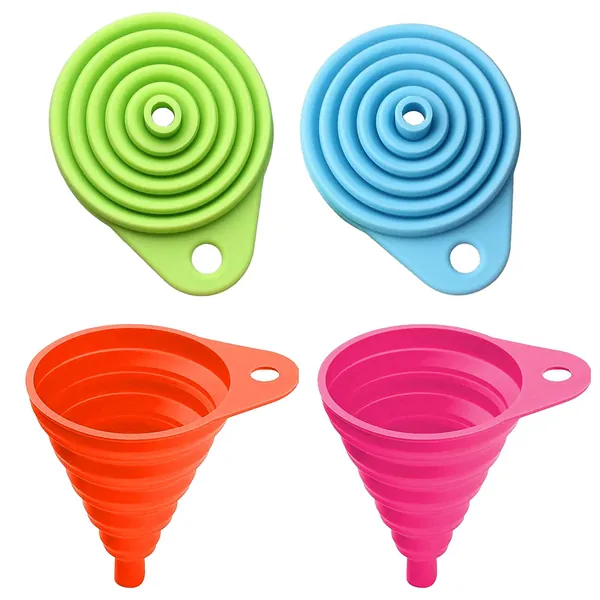 4 Stück Silikon Trichter Set, Rainbow Colors Silikon Faltbarer Trichter Küche Kochküchengeräte Faltbarer Trichter für Flüssigkeit und Pulver/Küche Zusammenklappbarer Trichter
