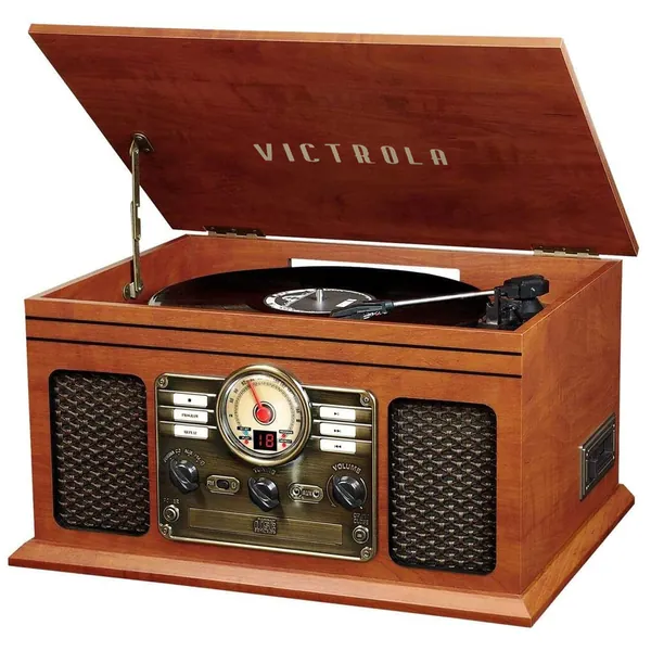 Victrola Nostalgic 6-in-1 Bluetooth Record Player & Multimedia Center with Built-in Speakers - 3-Speed Turntable, CD & Cassette Player, FM Radio | Wireless Music Streaming | Mahogany - Mahogany Entertainment Center