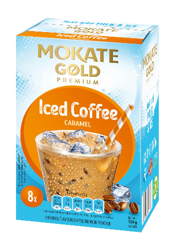 Mokate Guld iskaffe dryck karamell 1 låda 8 påsar 120 g