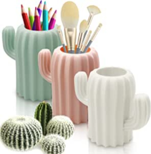 LeonBach 3 Pack Cactus Cute Pencil Holders, Pen Cup Cactus Storage Containers Cactus Office Decor Desk Accessories, Pink & White & Green