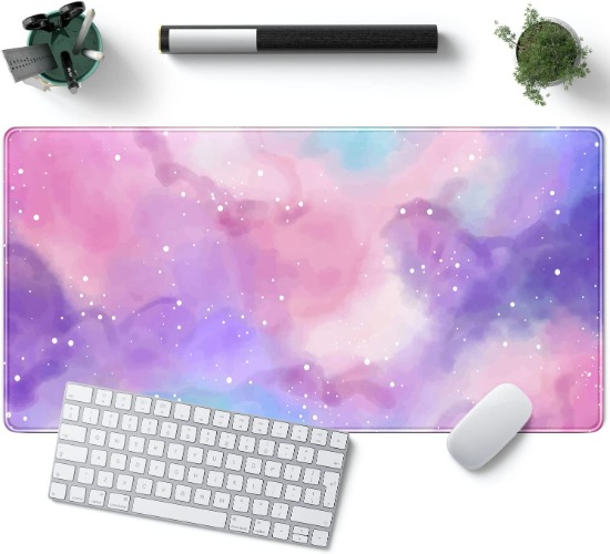 Desk Pad Purple Starry Sky Cute Gaming Mouse Pad Galaxy Gamer Girl Cute Pink Desk Decor Keyboard Desk Mat, Stitched Edges Desktop with Stitched Edges Non-Slip Rubber Large Computer Mat 31.5x15.7 in - Large Colourful Pink and Purple