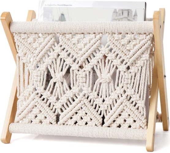 Mkono Macrame Magazine Rack Boho Magazine Holder Storage Standing Basket for Books, Newspapers, Swaddle Blanket, Living Room, Bathroom, Office, Nursery, Home Decor, Small Size, 11.22’’L x 7.5’’W - Small
