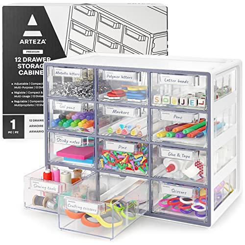 ARTEZA Desk Drawer Organizer, Multipurpose 12-Drawer Cabinet for Makeup Storage, Tools, and Art Supplies, 9.21in x 16.22in x 12.79in - 12 Cabinet