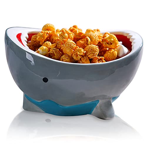 Sepnoic 40 oz Shark Attack Bowl Cute Candy Popcorn Serving Bowl Ceramic, 3D Cartoon Large Storage Bowls for Fruit Key Party Decoration Holiday Gifts, Blue Grey