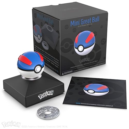 The Wand Company Pokémon Trainer Mini Poké Ball Range of Authentic Replicas - Realistic, Electronic, Die-Cast Poké Ball with Display Stand Light Features (Mini Great Ball) - Mini Great Ball