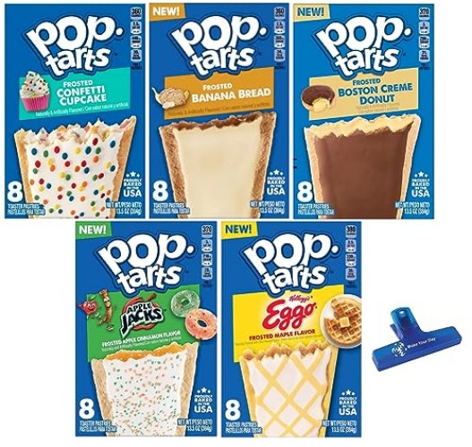 Pop Tarts Frosted Toaster Pastries, Confetti Cupcake, Banana Bread, Boston Creme Donut, Apple Cinnamon, and Eggo Maple Flavor, 13.5 Ounce (Pack of 5) - with Make Your Day Bag Clip