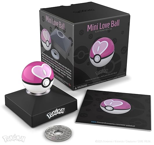 The Wand Company Pokémon Trainer Mini Poké Ball Range of Authentic Replicas - Realistic, Electronic, Die-Cast Poké Ball with Display Stand Light Features (Love Ball) - Love Ball
