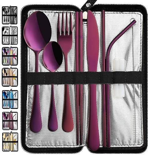 VANDBAO Portable Travel Utensils, Reusable Silverware with Case for Fixing Tableware, 9 Pieces Stainless Steel Stable Flatware Set, Camping Picnic Cutlery Set (Purple Set) - 9 Pieces - Medium - Purple Set