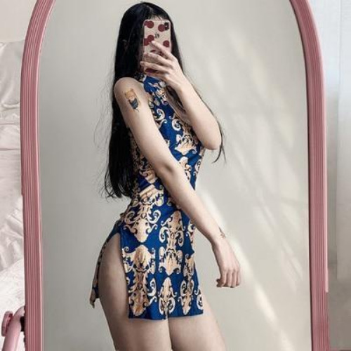 Floral Cheongsam Dress - Blue